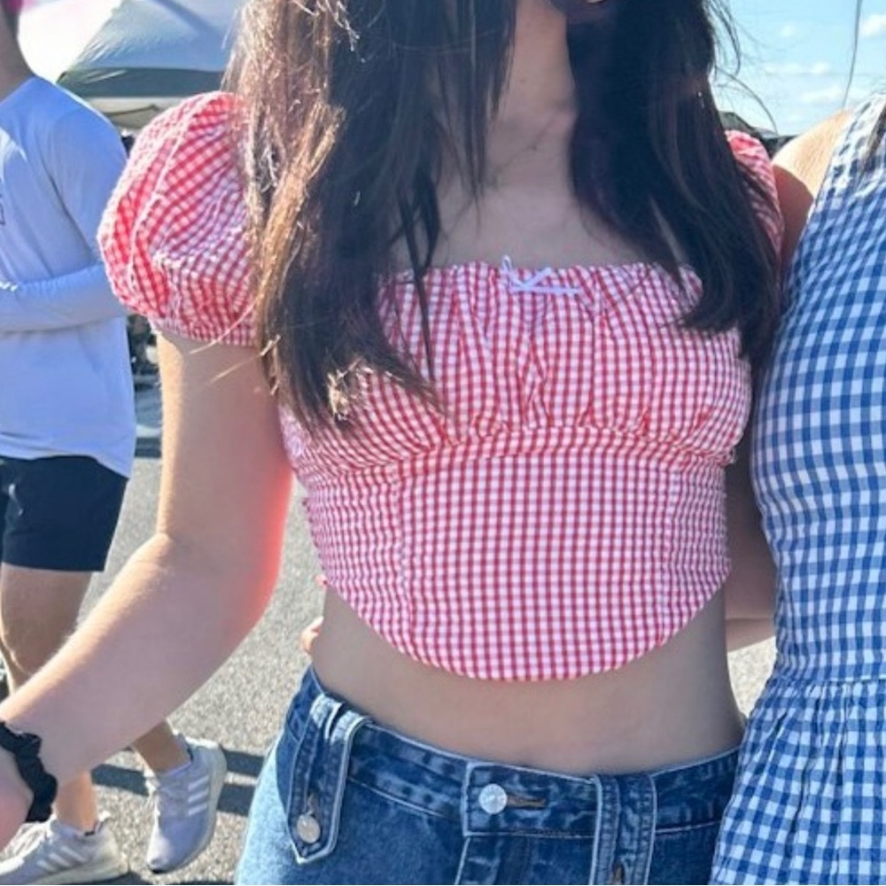 Red Gingham Puff Sleeve Crop Top